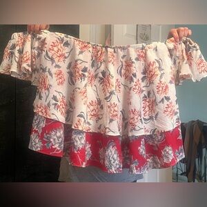 Boohoo Floral Tiered Off-Shoulder Top in Red and Cream